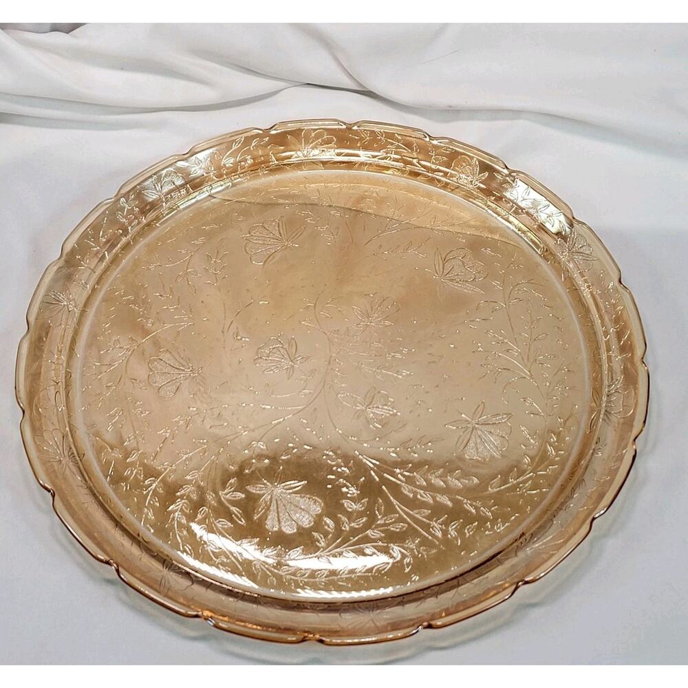 Jeannette Glass Peach Amber Plate 11" Floral Etched Scalloped Edge Serving‎ Dish